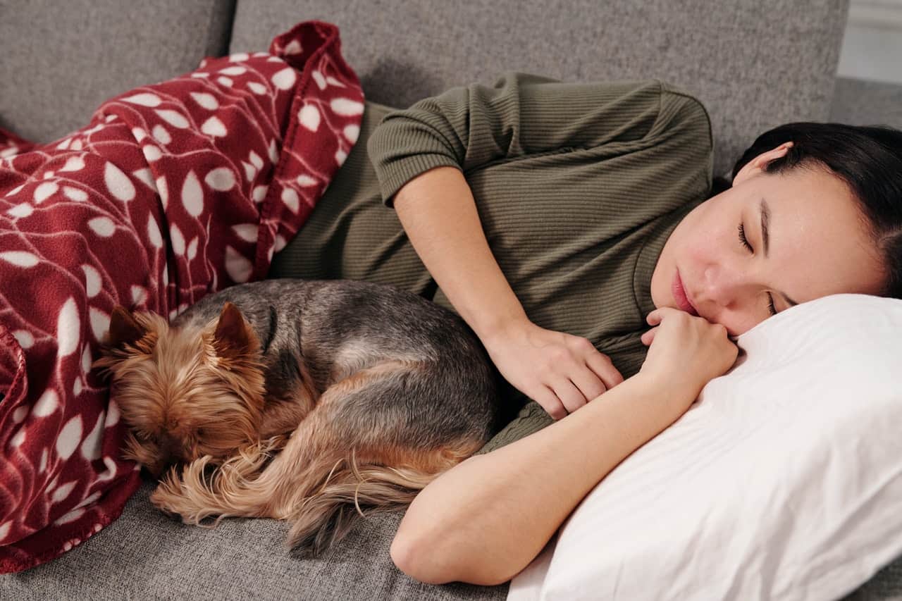 close up of woman sleeping with his pet dog on sofa